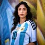 Portrait of a young woman wearing an Argentina jersey against a colorful mural background.
